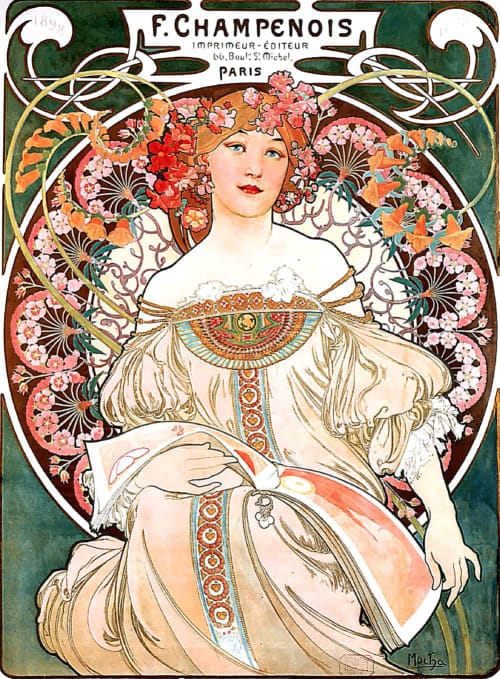 Free download and print of vintage Art Nouveau posters – elegant decorative artwork by Mucha and other iconic artists of the era.