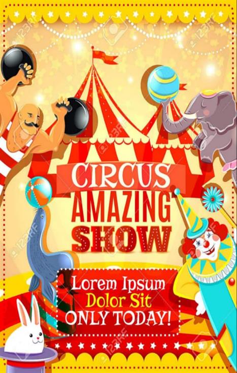 Travelling chapiteau circus amazing show announcement vintage  poster with performing animals clown and strongman abstract vector illustration