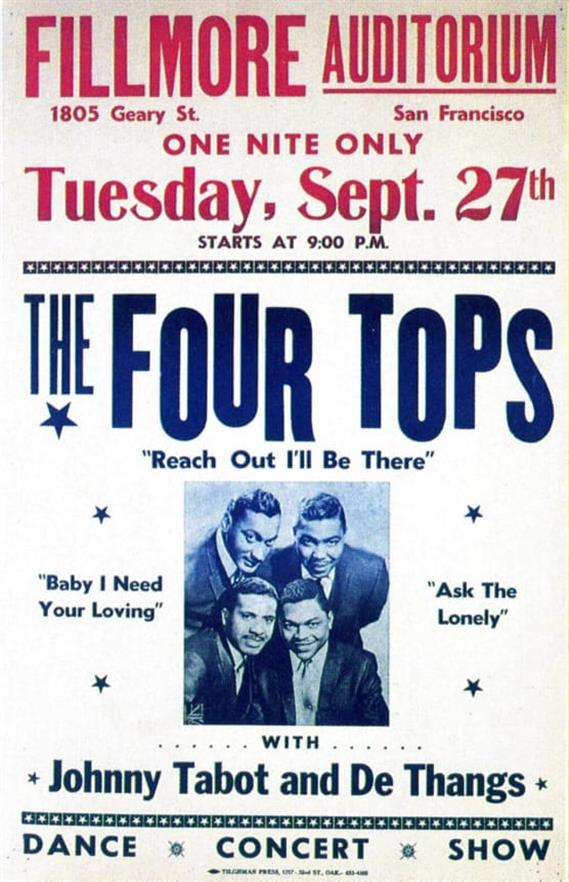 The Four Tops live show at Fillmore Auditorium, Sept 27, includes hits like "Reach Out Iâ€™ll Be There" and "Baby I Need Your Loving".