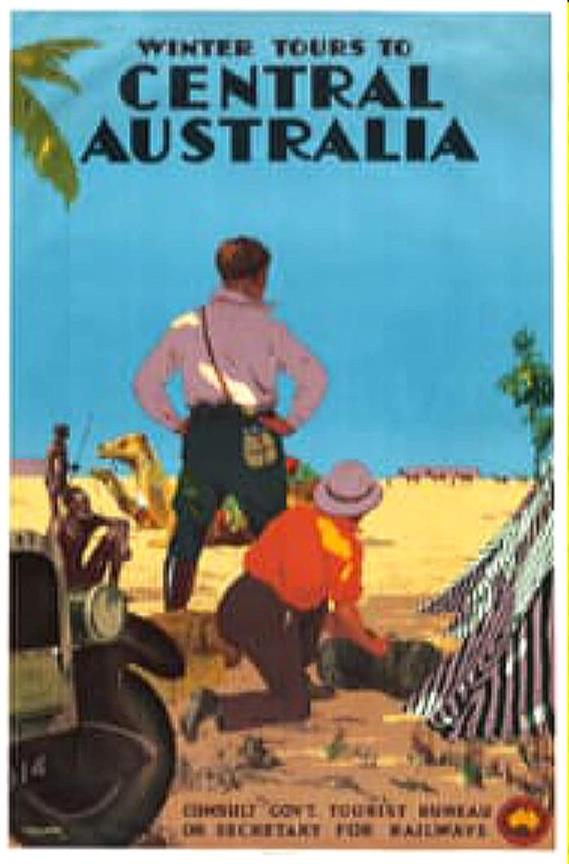 Vintage travel poster produced by Australian Railways promoting Winter Tours to Central Australia. It shows a couple setting up camp in a desert area with aboriginies tending to camels in the background. The artist Percy Trompf (1902-1964) was born in Victoria, Australia and began his commercial artistic career designing confectionery packaging. He also designed thousands of advertising posters but the widespread recognition of his posters for the Australian National Travel Association and the Victorian Government Railway is probably what he is most known for. His bright, colourful, optimistic pictures had wide appeal, especially during the Depression and in the 1930s his posters attracted lots of attention overseas.