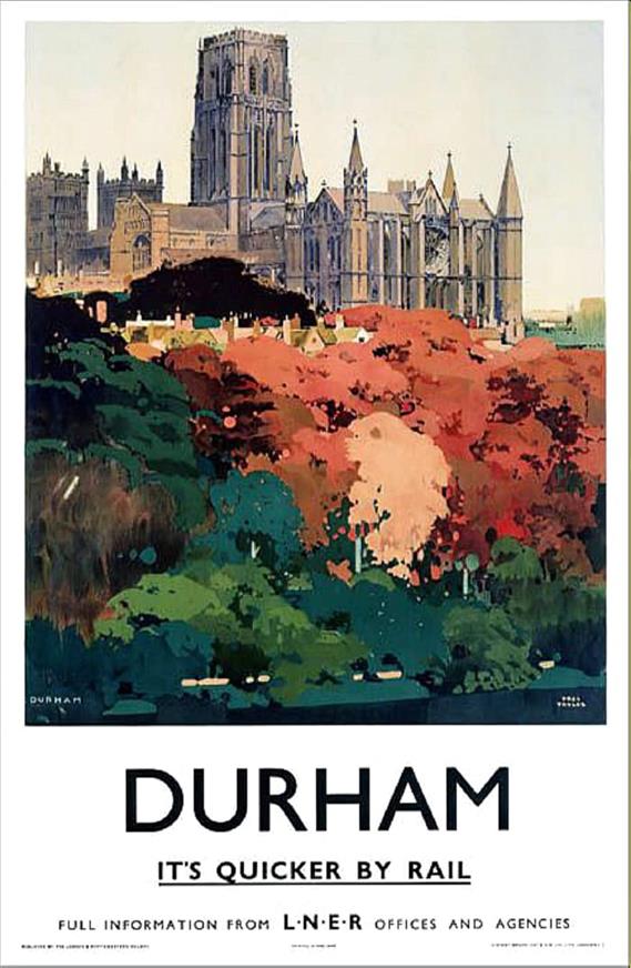 Poster produced for London & North Eastern Railway (LNER) to promote rail travel to the ancient city of Durham. 1923-1947. Showing Durham Caterdral in the background. Artwork by Fred Taylor (1875-1963), who was commissioned in 1930 to design four ceiling paintings for the Underwriting Room at Lloyd's and murals for Reed's Lacquer Room. He exhibited at the Royal Academy and other London galleries and worked for LNER, London Transport and several shipping companies.
