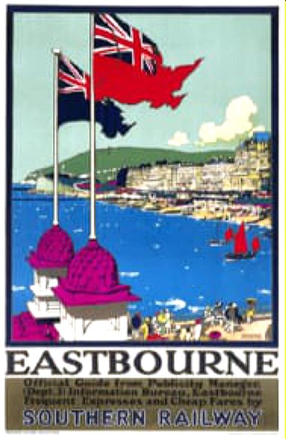 Vintage Travel Poster produced for the Southern Railway advertising express services and cheap fares to the Susex coastal resort of Eastbourne. The image shows the resort as seen from a pier, where men and women are shown walking. The beach, promenade and hills are seen in the background, and two flags are flying. Artwork by Kenneth D. Shoesmith (1890- 1939). Printed by Waterlow & Sons Ltd, London, Dunstable and Watford.