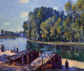 Alfred-Sisley-cabins-along-the-loing-canal-sunlight-effect-1896