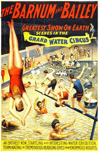 A vintage circus poster featuring the text "Ringling Bros and Barnum & Bailey Circus" at the top in bold red and yellow lettering. Below the text is a large illustration of a roaring tiger with an open mouth, sharp teeth, and intense eyes, set against a blue and yellow background. The word "Circus" appears prominently at the bottom in large, colorful letters outlined in red, yellow, and blue.